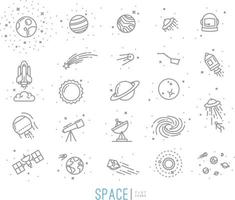 Space flat icons drawing with grey lines on white background. vector