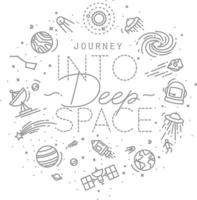 Space flat monogram lettering journey into deep space drawing with grey lines on white background vector