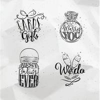 Wedding symbols lettering cards and gifts, want to marry you, best, day ever, we do drawing on crumpled paper background vector