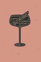 Art deco cocktail cuba libre drawing in line style on powder coral background vector