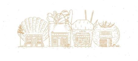 Set of storefronts fish shop, bakery, asian food, bakery drawing with beige color vector