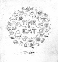 Time to eat monogram with food icon drawing on dirty paper background vector