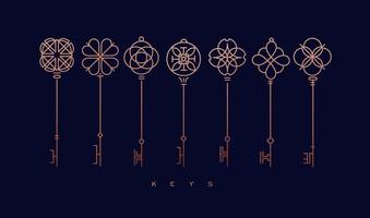 Set of key collection in modern line style drawing on blue background. vector