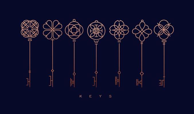 Set of key collection in modern line style drawing on blue background.