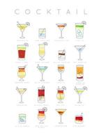 Poster flat cocktails menu with glass, recipes and names of cocktails drinks drawing on white background vector
