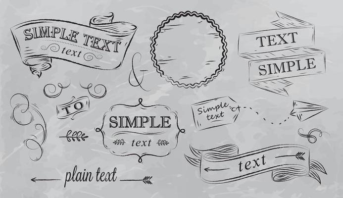 Design elements in grey color. Stylized drawing on the board, box, label, pattern, decoration, ribbon, arrow, reception design, on a grey background