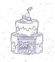 Cake a storefront of confectionery drawing in vintage style on white background vector