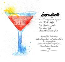 Cosmopolitan cocktails drawn watercolor blots and stains with a spray, including recipes and ingredients vector