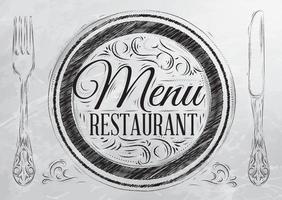 Menu restaurant lettering on a plate with a fork and a spoon on the side in retro style drawing with coal on the board. vector