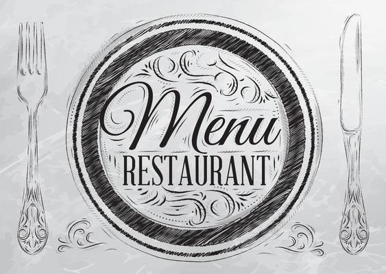 Menu restaurant lettering on a plate with a fork and a spoon on the side in retro style drawing with coal on the board.