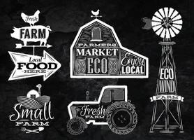 Farm characters in vintage style lettering in tractor barn and the mill and the sign field stylized drawing with chalk on blackboard