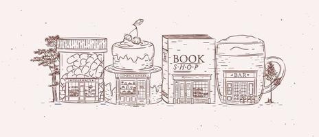 Set of storefronts pharmacy, confectionery, book shop, bar drawing with brown color vector