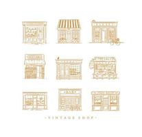 Set of cafe and shops confectionery, coffee, bakery, vegetable, book, Asian food, pharmacy, bar, fish drawing in vintage style