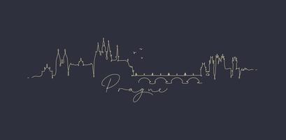 silueta de la ciudad de praga en un dibujo de estilo de línea de lápiz con líneas beige sobre fondo azul oscuro vector