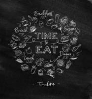 Time to eat monogram with food icon drawing with chalk on chalkboard vector
