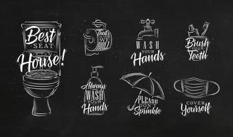 Set of toilet symbols in retro style with lettering drawing on chalk background vector