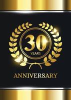 Celebración de aniversario de 30 años. plantilla de celebración de lujo con decoración dorada sobre fondo negro. elegante plantilla vectorial para tarjeta de invitación, celebración, tarjetas de felicitación y otros. vector