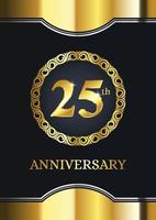 celebración del 25 aniversario. plantilla de celebración de lujo con decoración dorada sobre fondo negro. elegante plantilla vectorial para tarjeta de invitación, celebración, tarjetas de felicitación y otros. vector