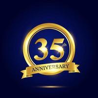 35th anniversary celebration. Luxury celebration template with golden circle and ribbon on dark blue background. Elegant vector template for invitation card, celebration, greeting cards and other.