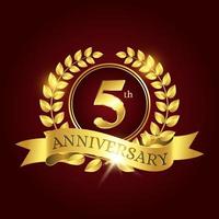 5th anniversary celebration. Luxury celebration template with golden laurel and ribbon on dark red background. Elegant vector template for invitation card, celebration, greeting cards and other.