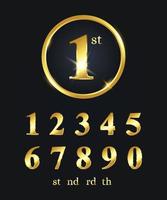 conjunto de número de oro y final de las palabras aisladas sobre fondo negro. número metálico dorado adecuado para diseño de lujo, vip y diseño de celebración de aniversario vector