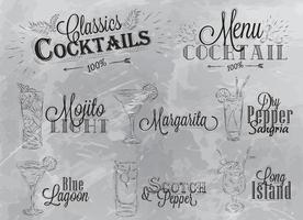 Set of cocktail menu in vintage style stylized drawing in charcoal on gray background, Mojito cocktails with illustrated, the blue lagoon margarita Scotch