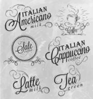 nombres de bebidas de café espresso, café con leche, inscripciones estilizadas en carbón en una pizarra vector
