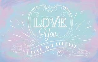 Lovely card in an openwork style - i love you forever on a blue background with transparent watercolor hearts. vector