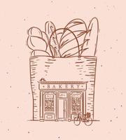 Bag with baguettes a storefront of bakery drawing in vintage style on peach color background vector