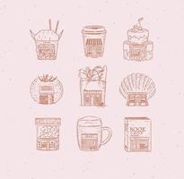 Set of storefront confectionery, coffee, bakery, vegetable, book, asian food, pharmacy, bar, fish shop drawing in vintage style on shops peach background vector