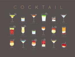 Poster flat cocktails menu with glass, recipes and names of cocktails drinks drawing horisontal on brown background vector