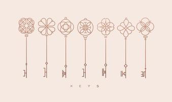 Set of key collection in modern line style drawing on beige background. vector