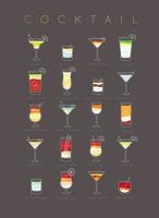 Poster flat cocktails menu with glass, recipes and names of cocktails drinks drawing on brown background