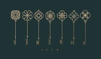 Set of key collection in modern line style drawing on green background. vector