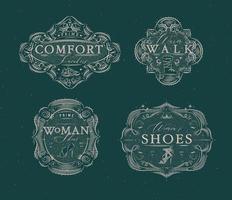 Shoes labels vintage with inscriptions comfort sneakers, warm walk, woman footwear drawing in retro style on green background vector