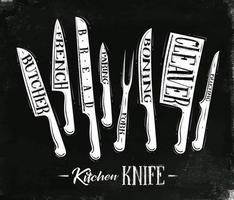 afiche cocina cuchillos de corte de carne carnicero, francés, pan, pelado, tenedor, deshuesado, cuchillo, fileteado en dibujo de estilo antiguo con tiza en el fondo de la pizarra