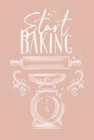 Poster with illustrated pastry equipment lettering start baking in hand drawing style on pink background.