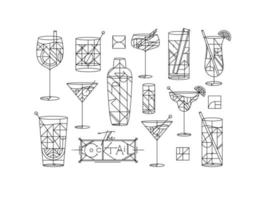 Art deco cocktails set drawing in line style on white background vector