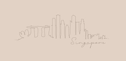 silueta de la ciudad de singapur en un dibujo de estilo de línea de lápiz con líneas marrones sobre fondo beige vector