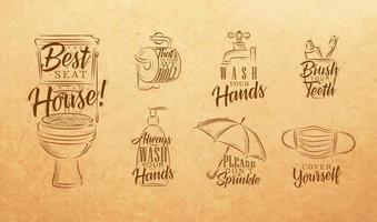 Set of toilet symbols in retro style with lettering drawing on craft paper background vector