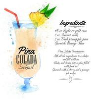 Pina colada cocktails drawn watercolor blots and stains with a spray, including recipes and ingredients vector