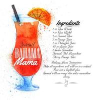 Bahama mama cocktails drawn watercolor blots and stains with a spray, including recipes and ingredients vector