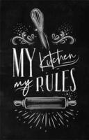 Poster with illustrated pastry equipment lettering my kitchen rules in hand drawing style on chalk background. vector