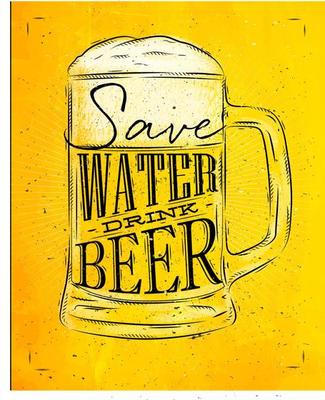 Poster beer glass lettering save water drink beer drawing in vintage style with coal on yellow paper background