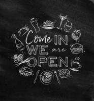 We are open monogram with food icon drawing with chalk on chalkboard