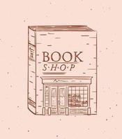 Book a storefront of bookshop drawing in vintage style on peach color background vector