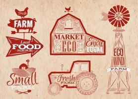 Farm characters in vintage style lettering in tractor barn and the mill and the sign field stylized drawing in kraft red color