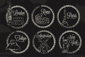 Icons with world cities, London, New York, Rome, Amsterdam, Tokyo, Paris, stylized drawing with chalk on a blackboard, a frame in round frame on a black background. vector