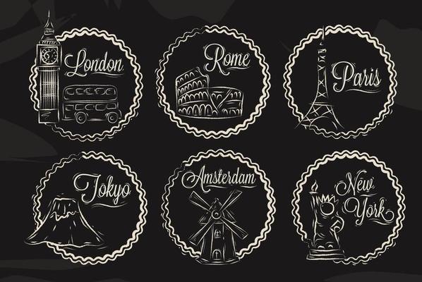 Icons with world cities, London, New York, Rome, Amsterdam, Tokyo, Paris, stylized drawing with chalk on a blackboard, a frame in round frame on a black background.