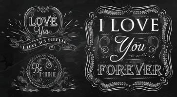elementos de diseño de tiza sobre temas de amor dibujo estilizado con tiza en el tablero sobre un fondo negro vector